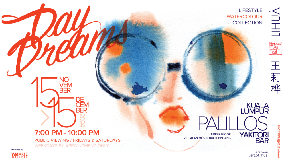 Poster for "Day Dreams," a lifestyle watercolour collection by Lihuà — a watercolour portrait behind round glasses in blue and coral tones.