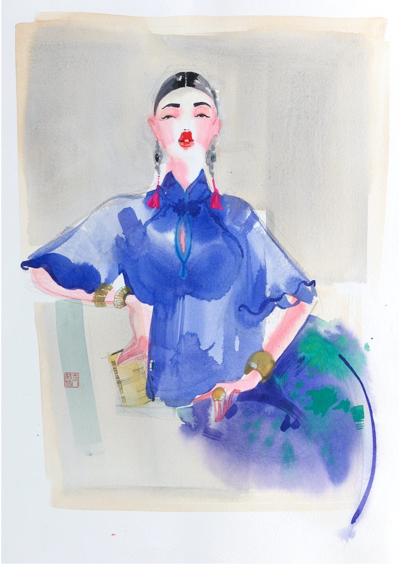 Azure Melody, a watercolour fashion illustration from Lihuà's Busana Malaysia series.