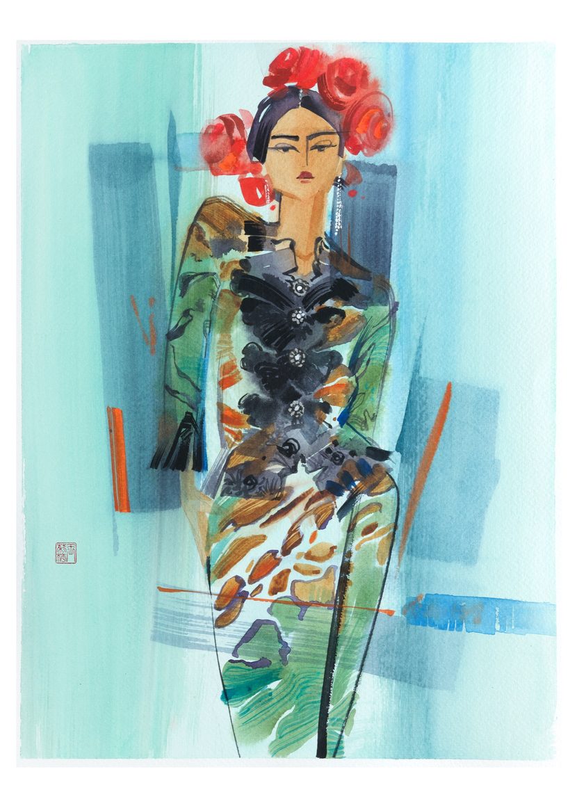 Fusion Kebaya, a watercolour fashion illustration from Lihuà's Busana Malaysia series.