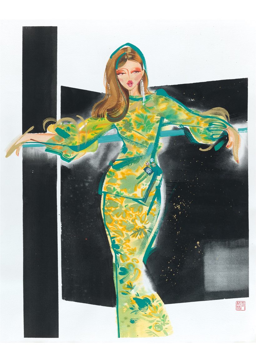 Kebaya Emotion, a watercolour fashion illustration by Lihuà from the Busana Malaysia series.