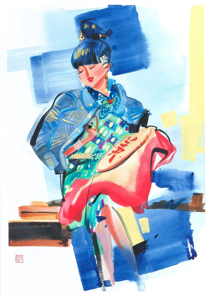 Opera Nyonya Sewing, a watercolour illustration by Lihuà from the Busana Malaysia collection.