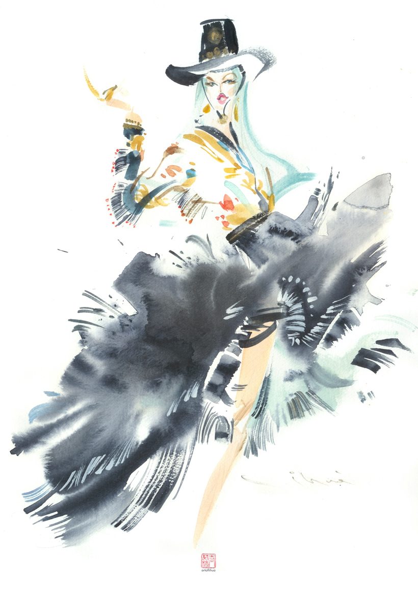 Brushworks 1, a watercolour fashion illustration by Lihuà from the Strokes of Fashion series.