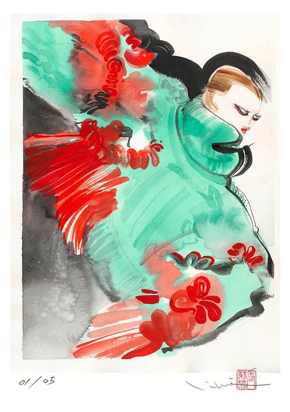 Fashion Hawk, a watercolour fashion illustration from Lihuà's Strokes of Fashion series.