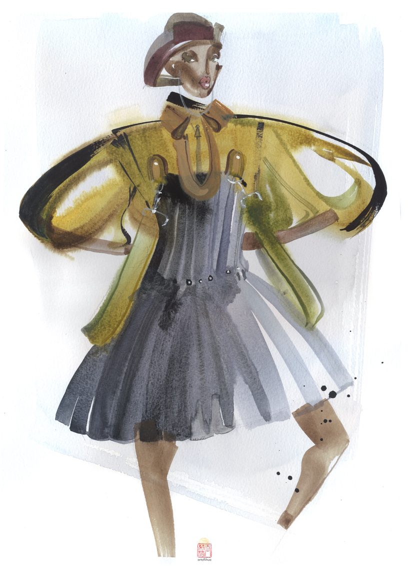 Robert Wun — Mustard, a watercolour fashion illustration from Lihuà's Strokes of Fashion series.