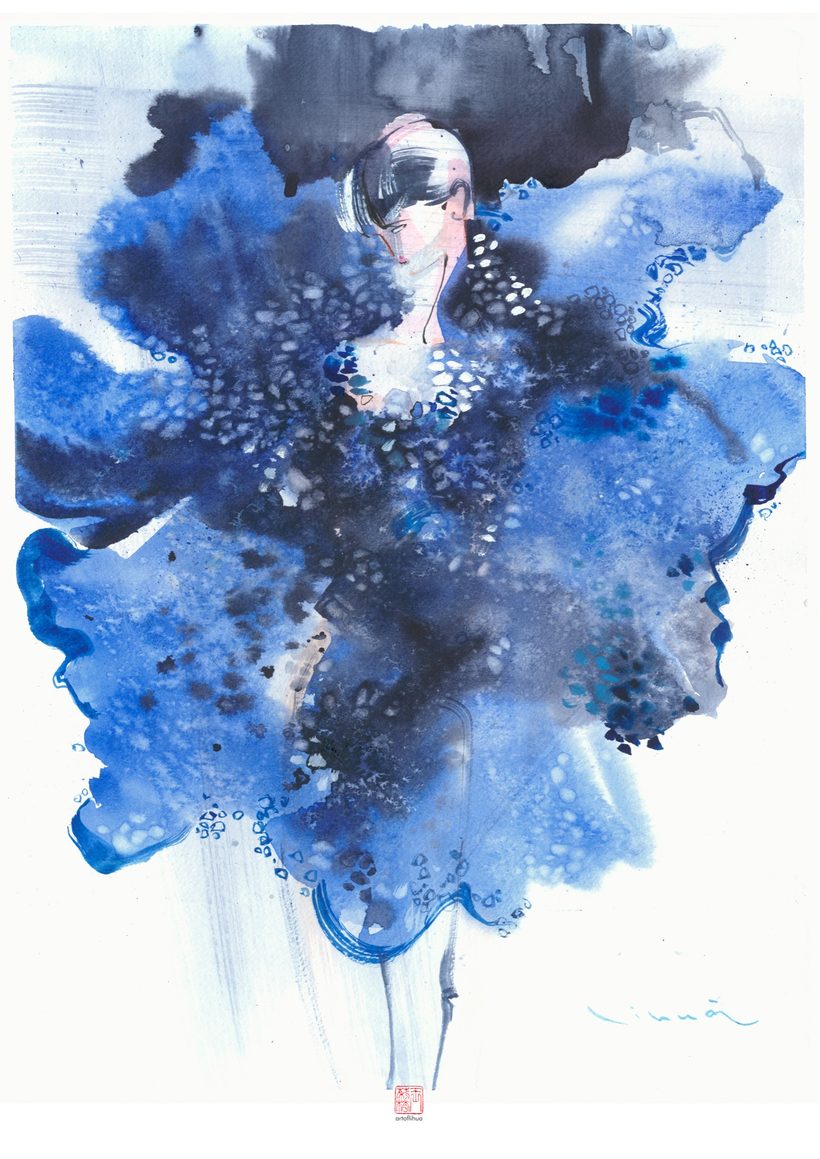 Wearing Aurora Arealis, a watercolour fashion illustration from Lihuà's Strokes of Fashion series.